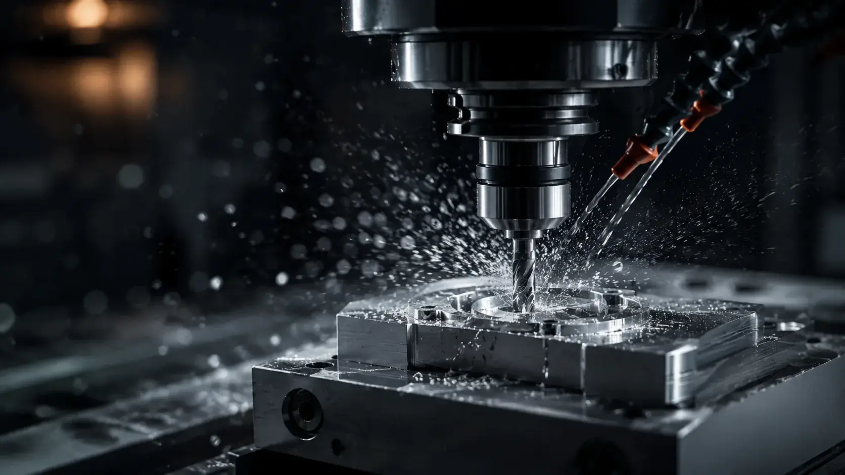 Fräser bearbeitet ein Metallteil unter Kühlmittel