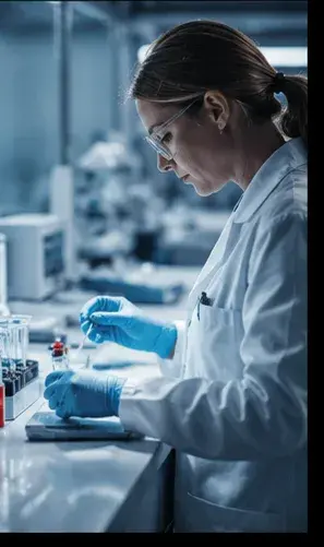Laborantin mit Handschuhen pipettiert an einem Laborarbeitsplatz