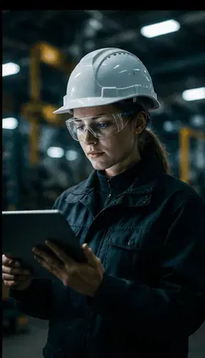 Technikerin mit Schutzhelm und Tablet in einer Industrieumgebung
