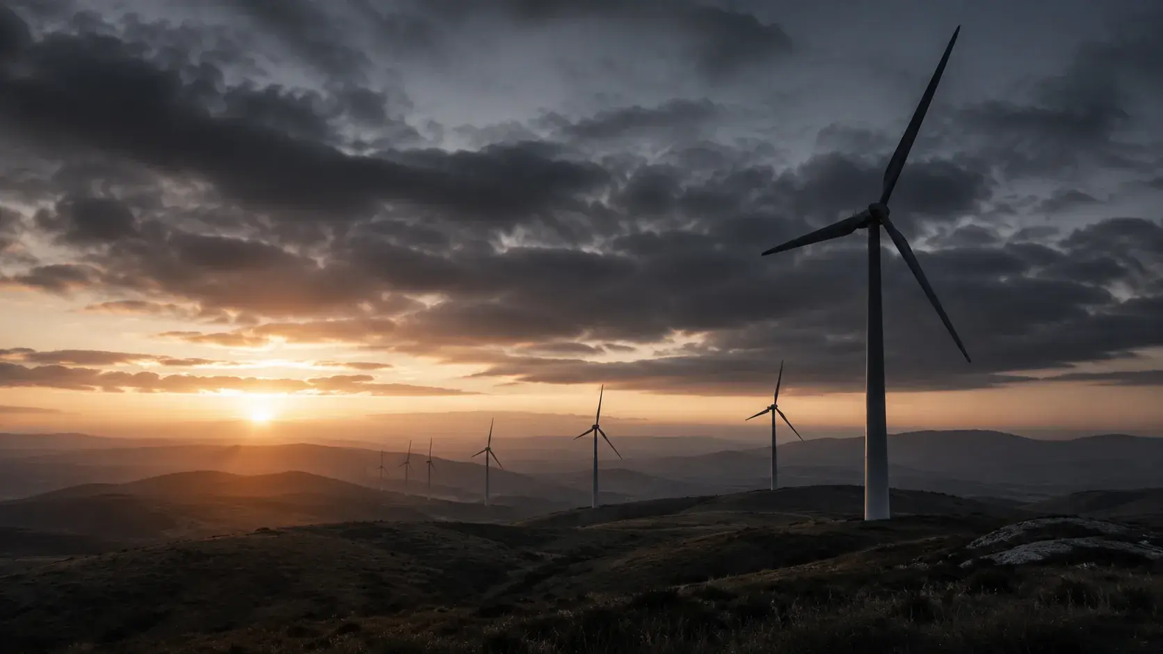Windkraftanlagen auf Hügeln bei Sonnenuntergang
